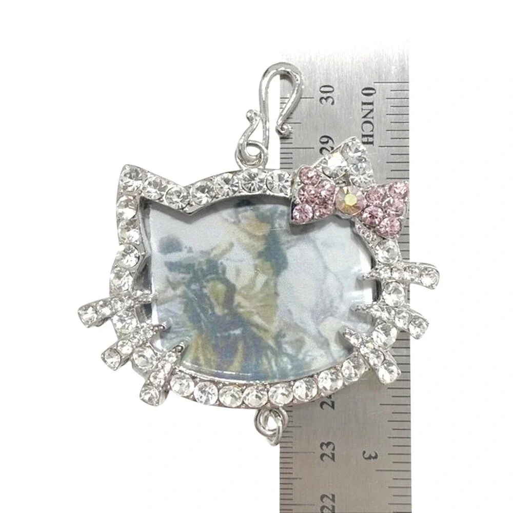 Hello‎ Kitty Pendant Photo Frame Charm Rhinestone Bow Pink Silver